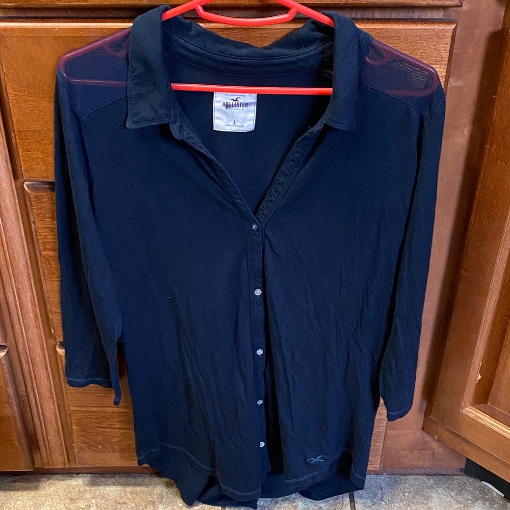 Hollister Black Button-Down Shirt with Sheer Shoulders Large Spring Lightweight